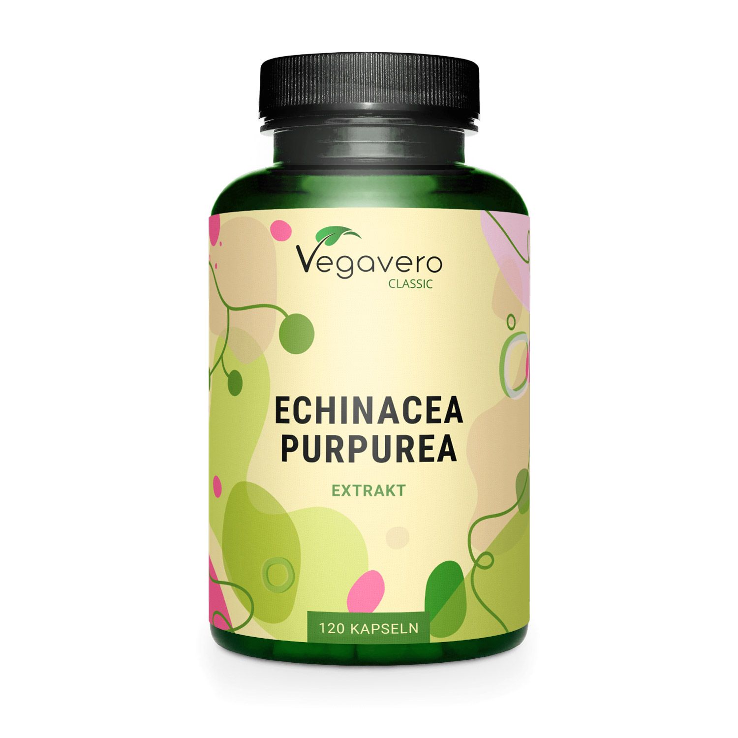 Flacone verde con tappo nero. Scritta: Vegavaro Classic, Echinacea Purpurea Extrakt, 120 capsule.