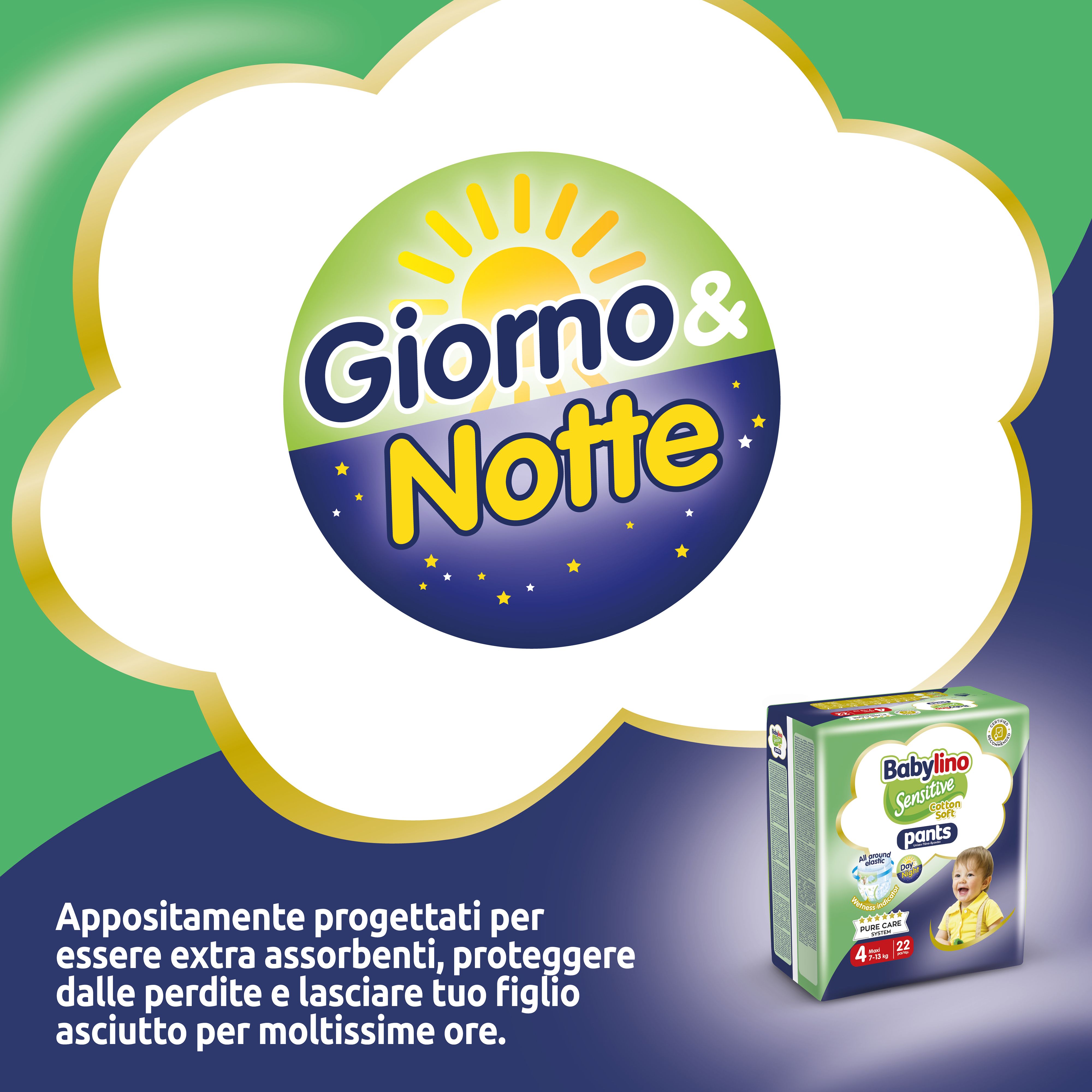 Babylino Sensitive Pants. Giorno & Notte. Illustrazione del prodotto. Confezione sullo sfondo.