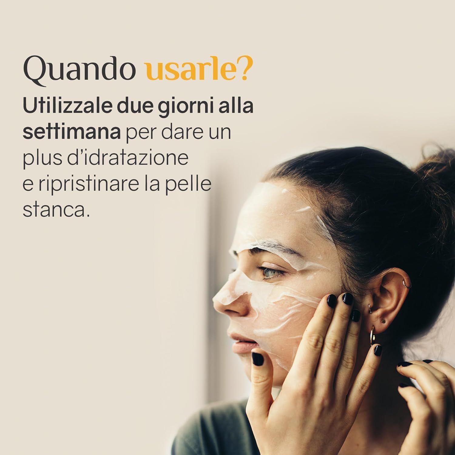 Donna con maschera per il viso. Testo: Usare due giorni a settimana per idratare e ripristinare la pelle.