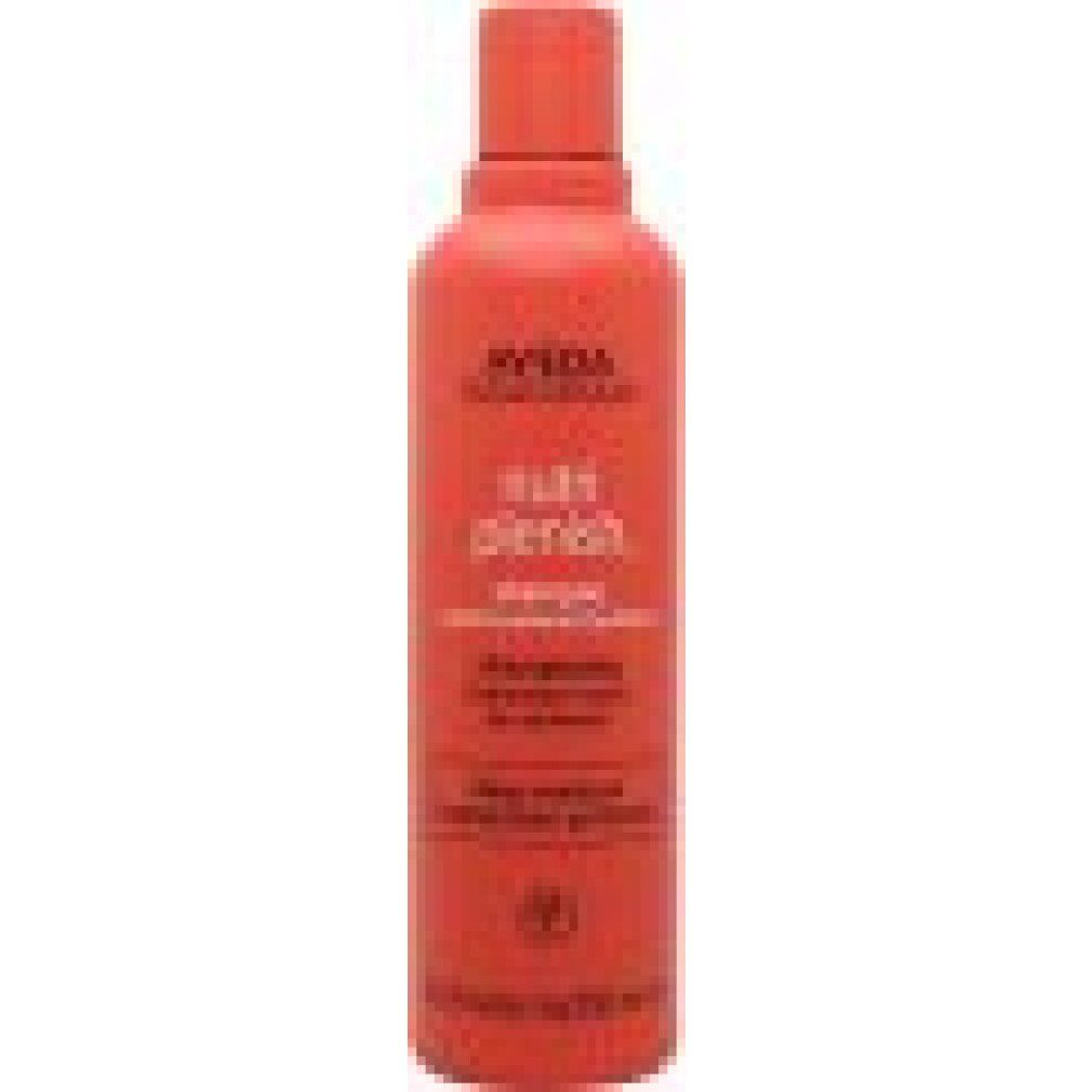 Flacone di shampoo rosso con testo. Logo Aveda e Nutriplenish. Idratazione profonda. 250 ml.
