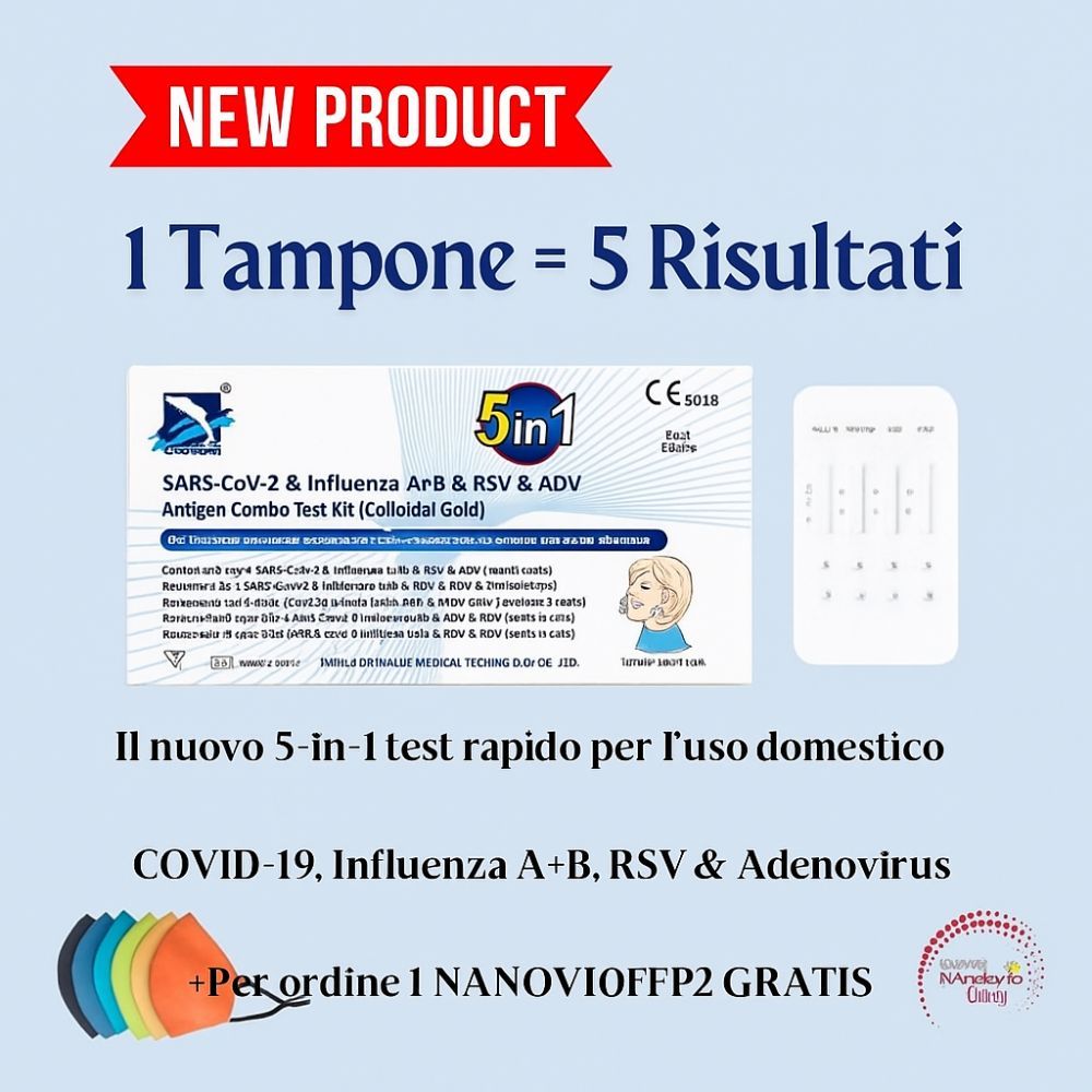 Kit di test 5 in 1. Include strisce reattive, cassetta e mascherina FFP2. Per COVID-19, Influenza A/B, VRS, Adenovirus.