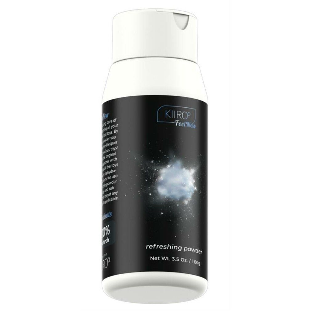 Flacone bianco e nero con tappo bianco. Scritta: Kiiroo FeelNew, refreshing powder. Peso netto 3.5 oz./100g. Motivo a stelle.