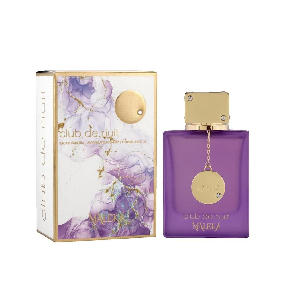 Flacone di profumo e confezione. Flacone viola, tappo dorato. Scritta: Club de Nuit Maleka. Confezione con motivo floreale.