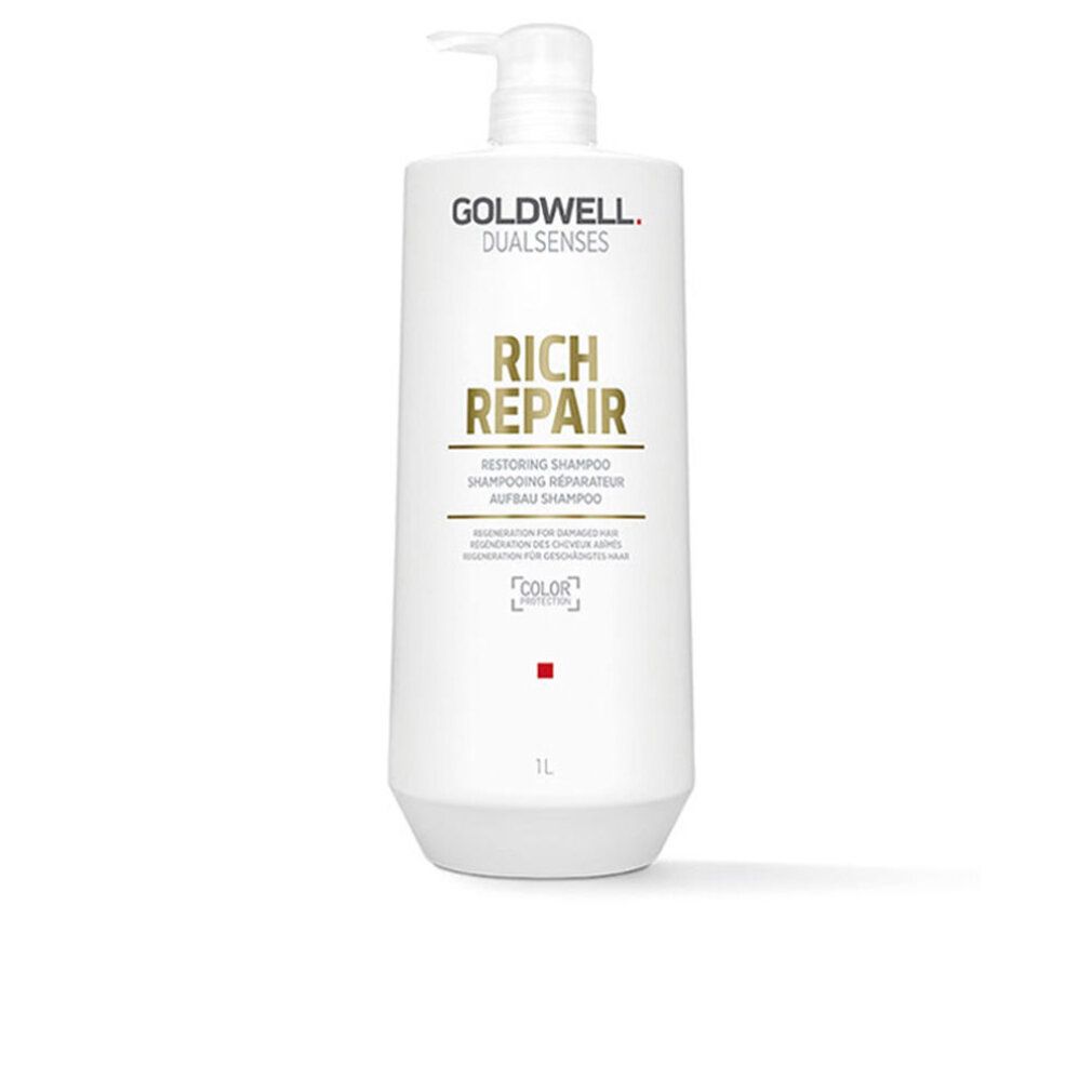 Flacone di shampoo bianco con dosatore. Goldwell Dualsenses Rich Repair. Scritta: Rich Repair, Color Protection. Volume: 1L.