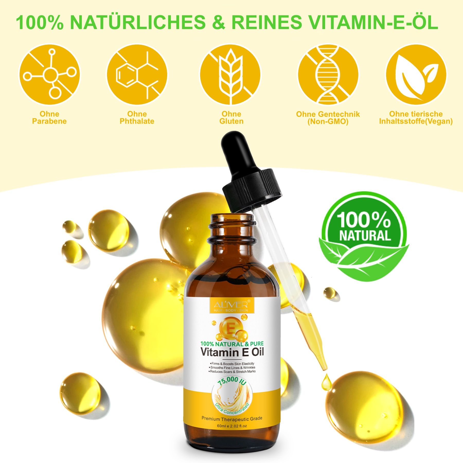Flacone di olio di vitamina E ALIVER con contagocce. Gocce e icone gialle. Olio 100% naturale. Senza parabeni, ftalati, glutine, OGM.