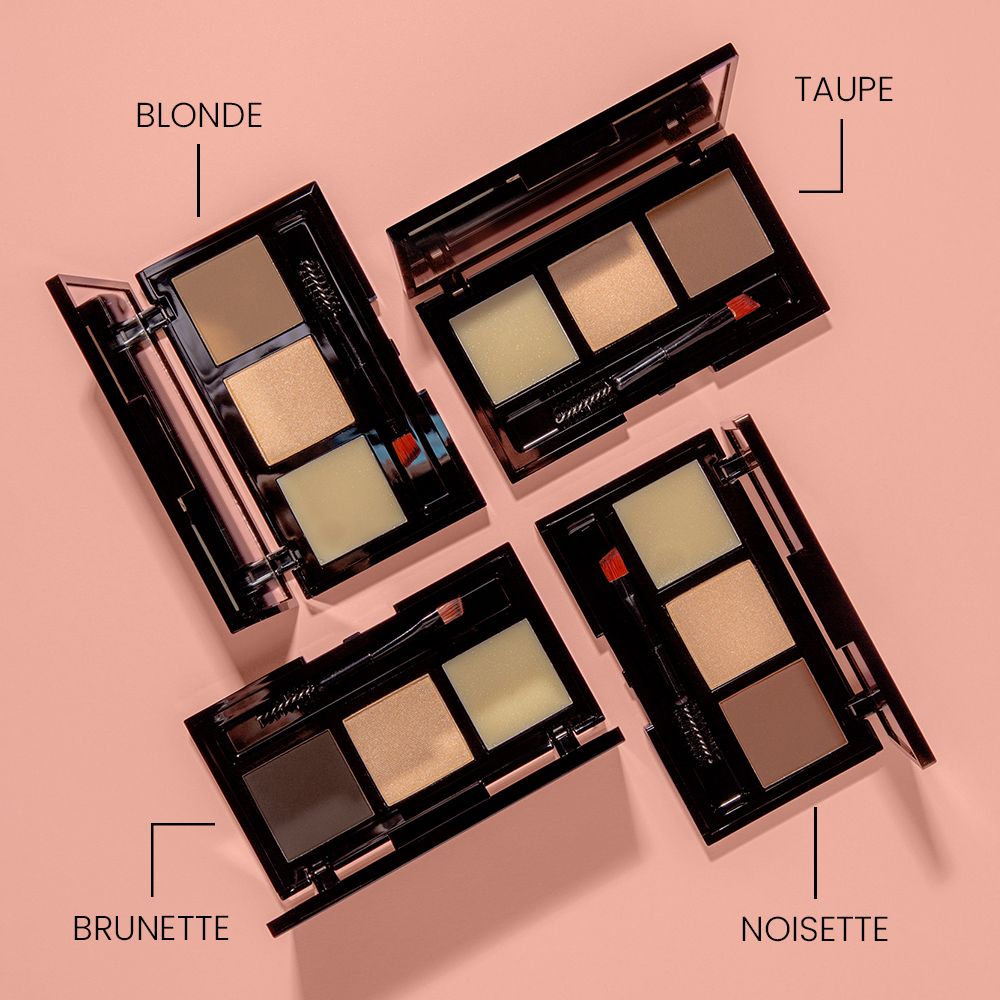 Quattro palette sopracciglia Mia Makeup in diverse tonalità. Etichette: Blonde, Taupe, Brunette, Noisette.