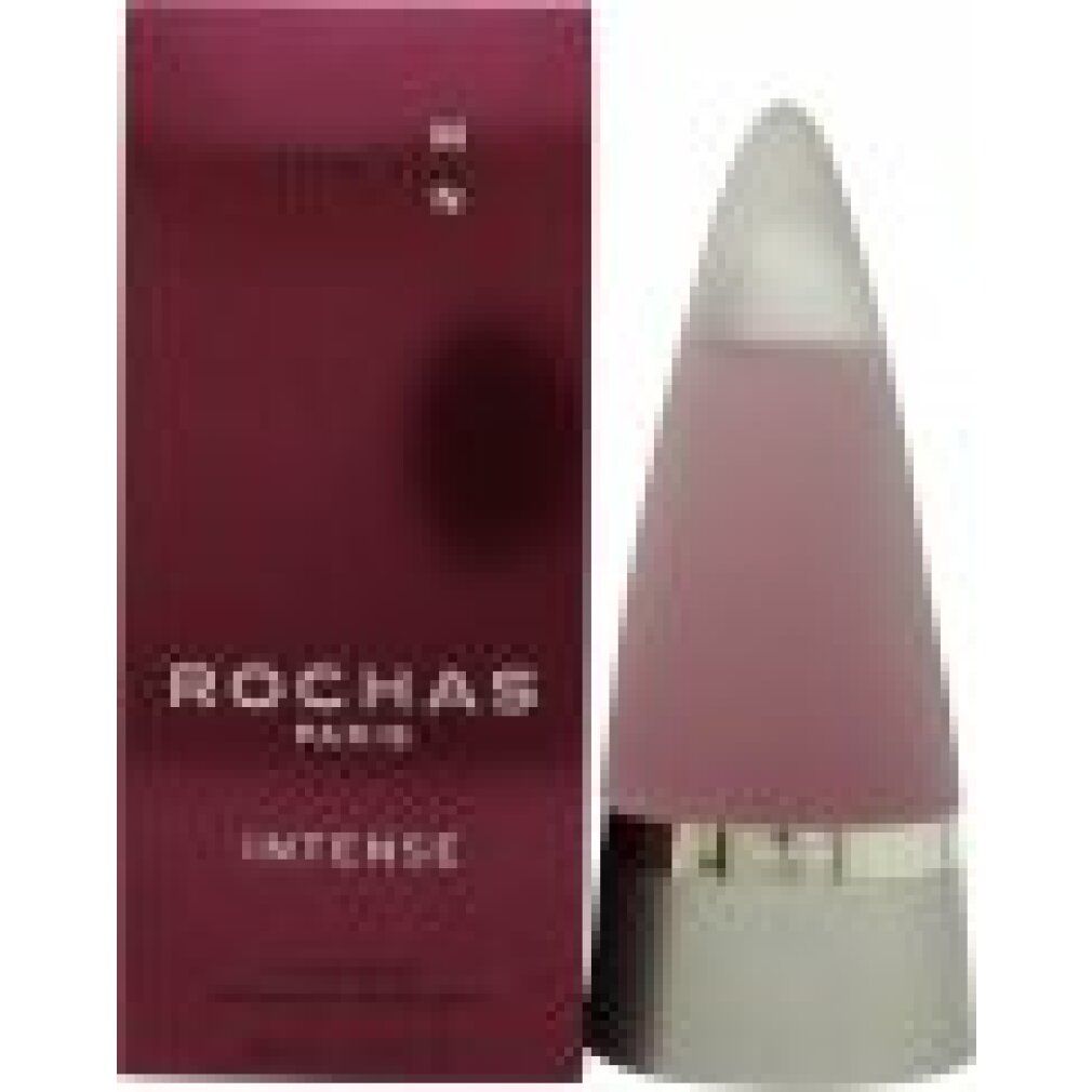 Rochas Man Intense Eau De Parfum Spray. Flacone e confezione. Flacone a cono, scatola rossa con nome del prodotto.