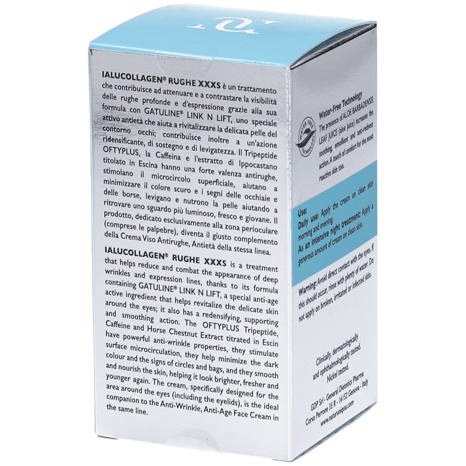 Confezione del prodotto con testo. Ialucollagen Rughe XXXS. Contiene informazioni sull'uso e sugli ingredienti. 15 ml.