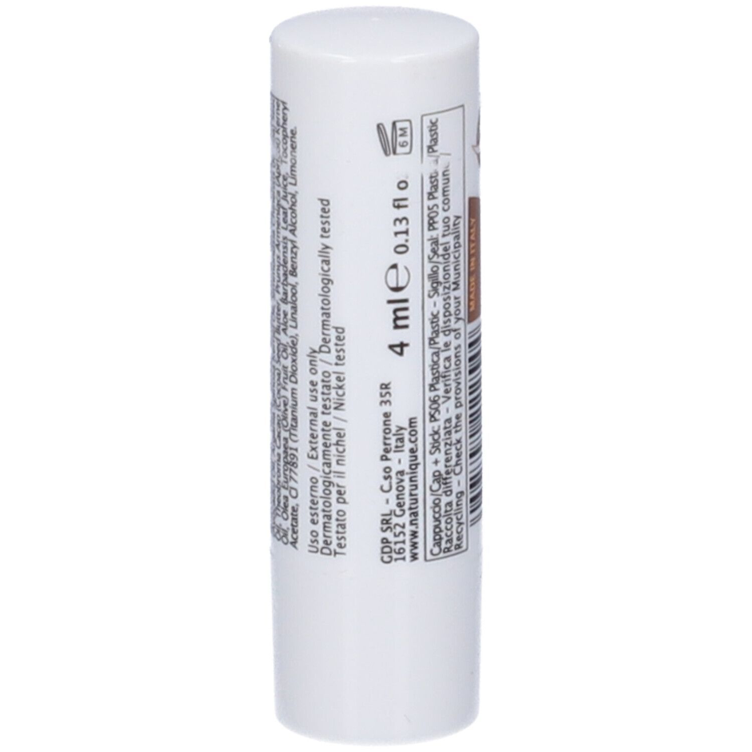 Stick labbra bianco con parte centrale marrone. Scritta: 4 ml, Natur Unique. Testo e loghi sullo stick.
