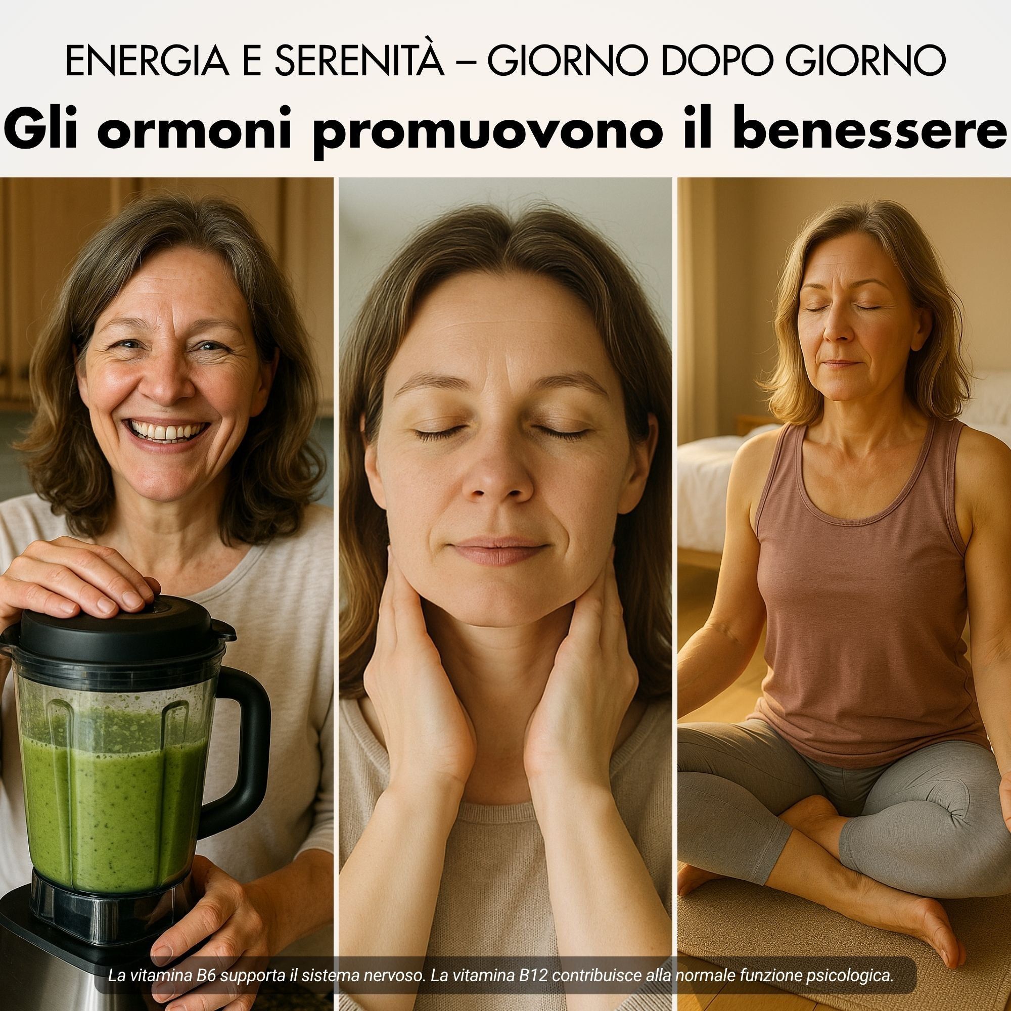 Tre immagini di donne. A sinistra: donna con un frullatore. Al centro: donna che si tocca il collo. A destra: donna in posa yoga. Testo: Gli ormoni promuovono il benessere.