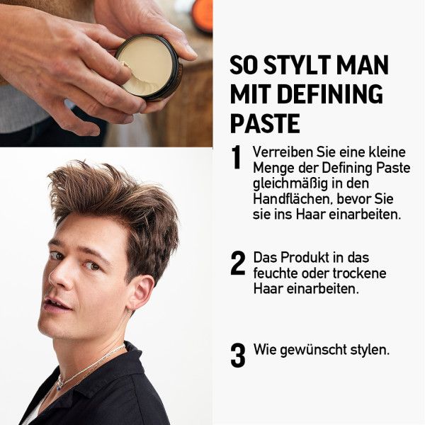 Mani che prelevano Defining Paste. Uomo con prodotto. Testo: Come usare Defining Paste. Defining Paste.
