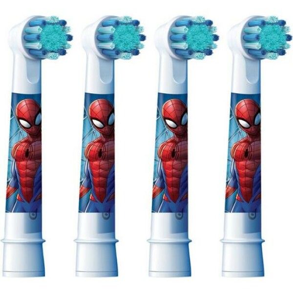 Quattro testine con motivo Spiderman. Setole blu, corpo bianco, illustrazione Spiderman.