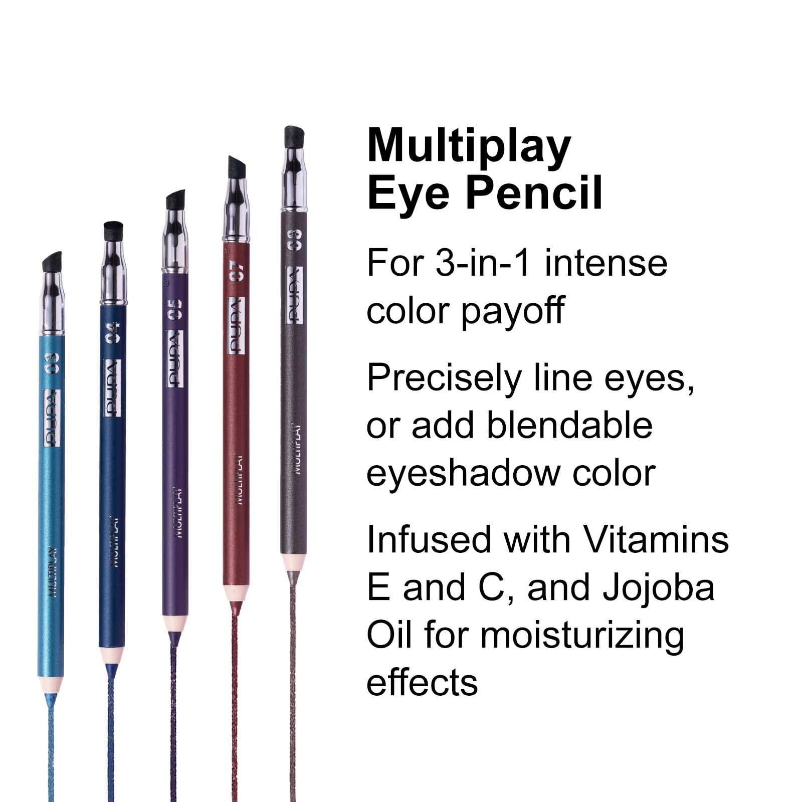 Matita occhi Multiplay, vari colori. Testo: Multiplay Eye Pencil. Per un risultato colore 3-in-1. Con vitamine E e C, olio di jojoba.