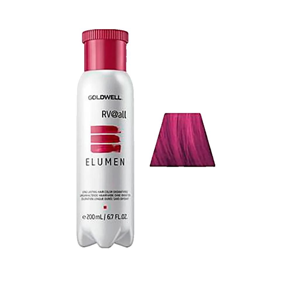 Flacone Goldwell Elumen RV@all e campione colore. Flacone con tappo rosso, etichetta bianca e informazioni. Campione rosa.