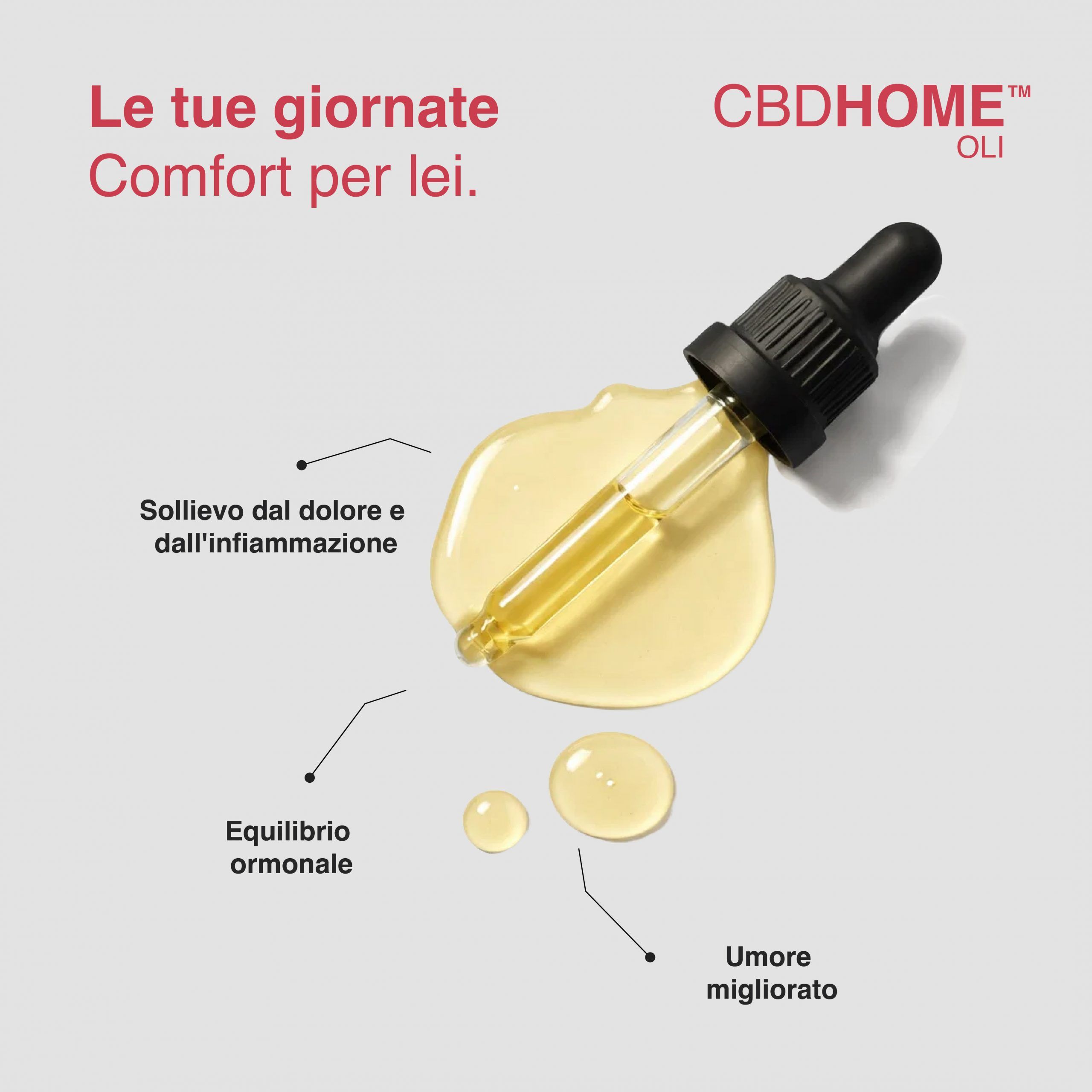 Contagocce con olio CBDHOME su superficie chiara. Gocce e testo indicano sollievo dal dolore ed equilibrio ormonale.