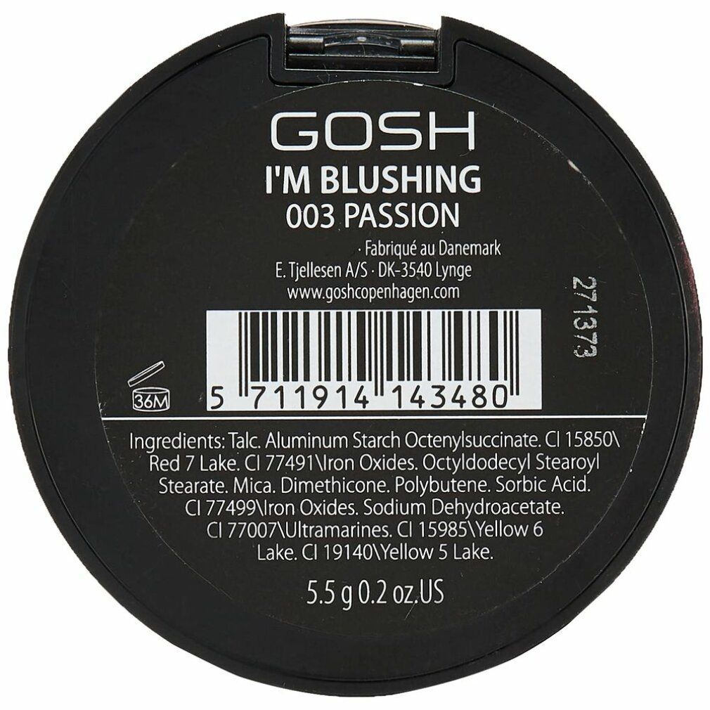 Fondo della confezione Gosh I'm Blushing 003 Passion blush con codice a barre e ingredienti.