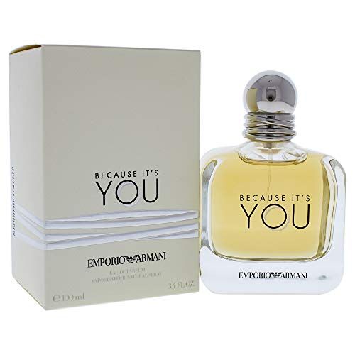 Flacone di profumo e confezione. Scritta: BECAUSE IT'S YOU, EMPORIO ARMANI. Flacone con tappo argentato.