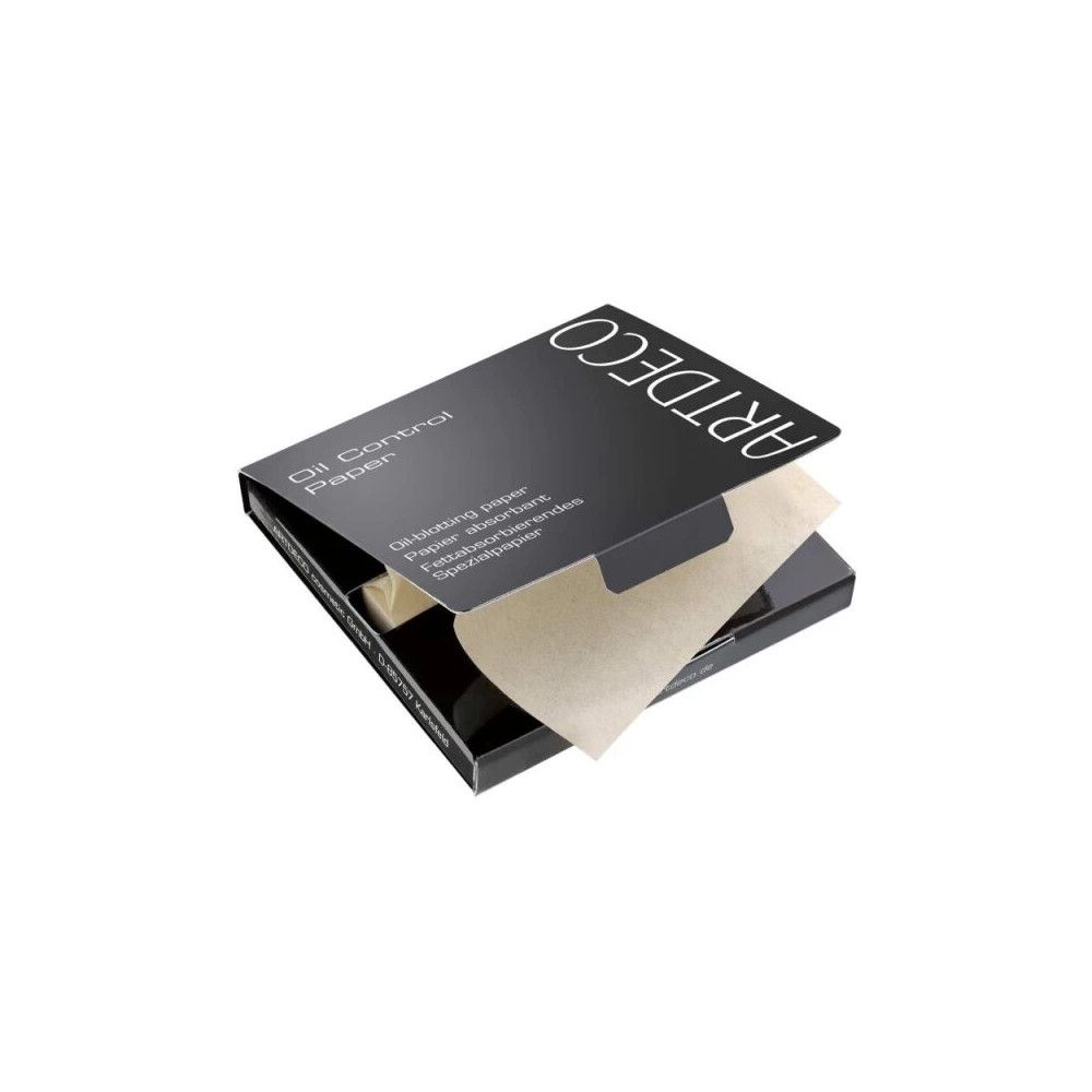Confezione nera con scritta "ARTDECO Oil Control Paper". Scatola aperta con foglietti di carta assorbente quadrati.