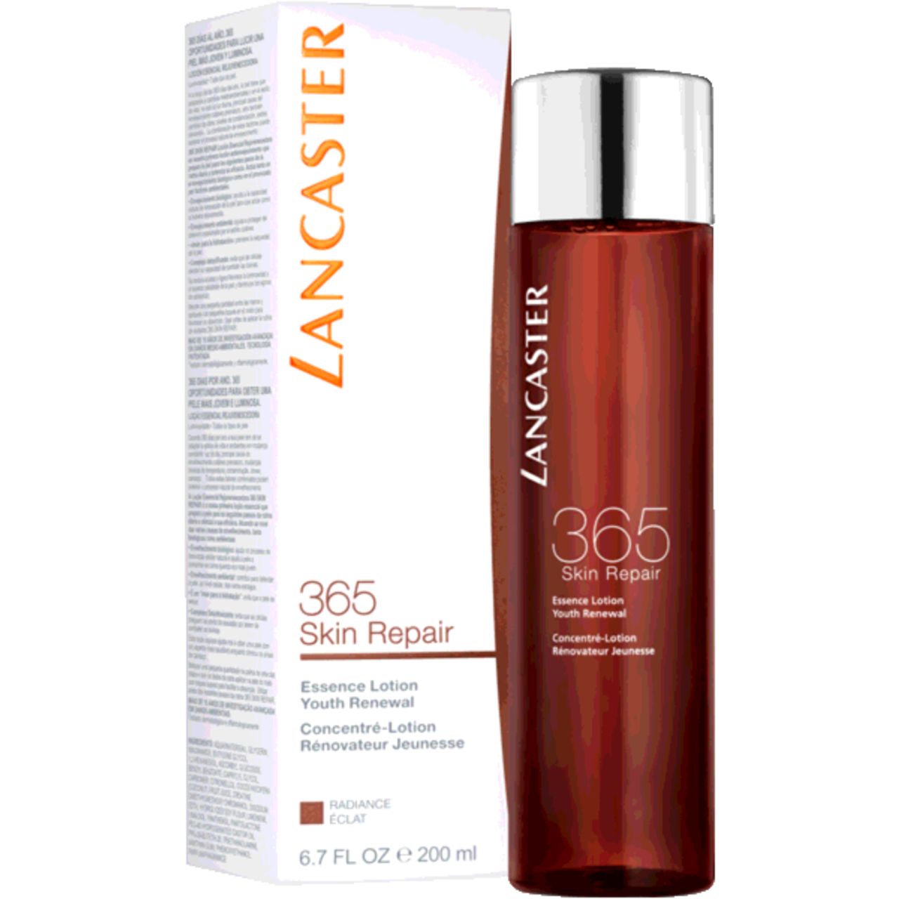 Lancaster 365 Skin Repair Essence Lotion e confezione. Flacone marrone, scatola bianca. Nome e dettagli del prodotto.