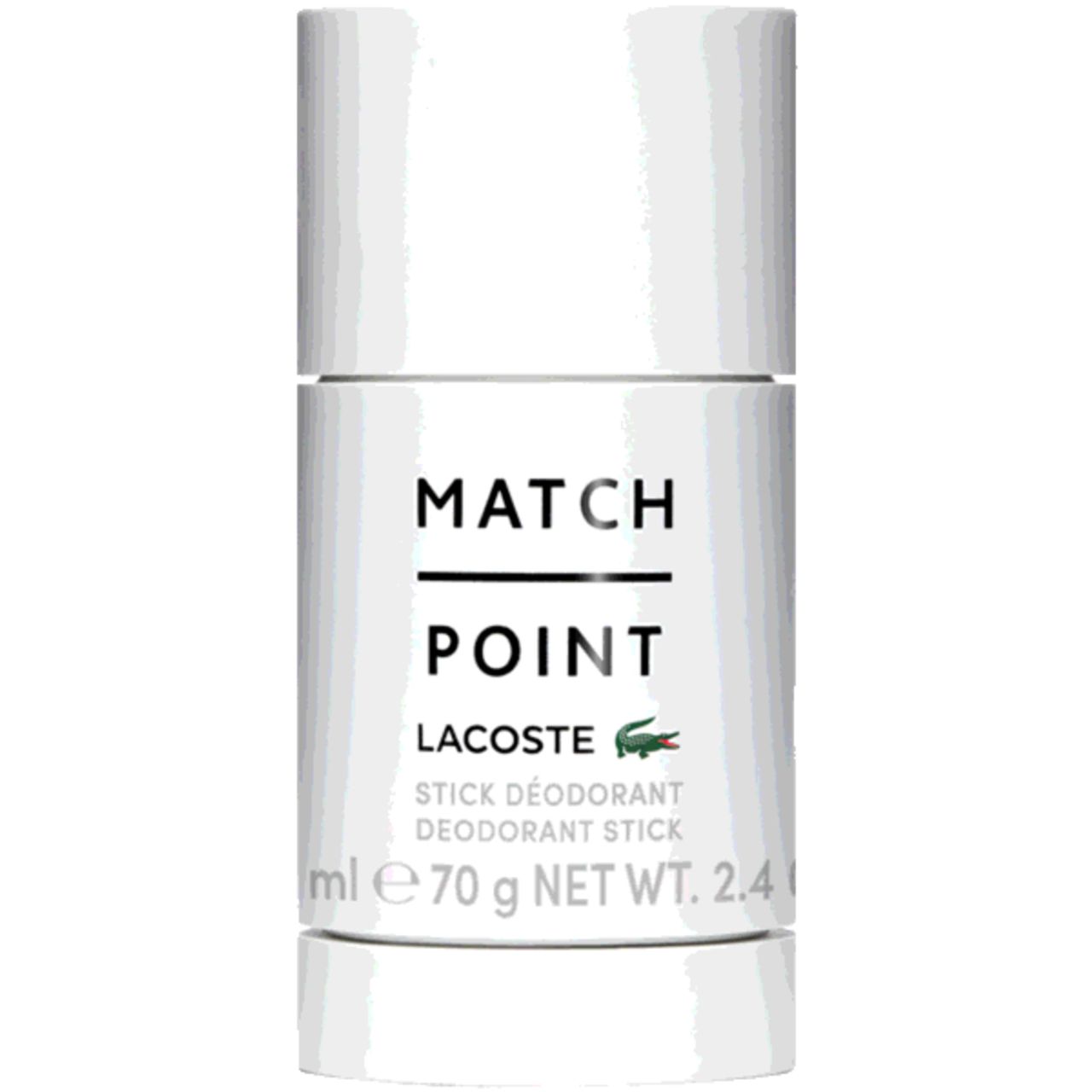 Stick deodorante bianco con scritta nera "MATCH POINT" e logo Lacoste. "STICK DÉODORANT" sotto. In basso: "ml e 70 g NET WT. 2.4"