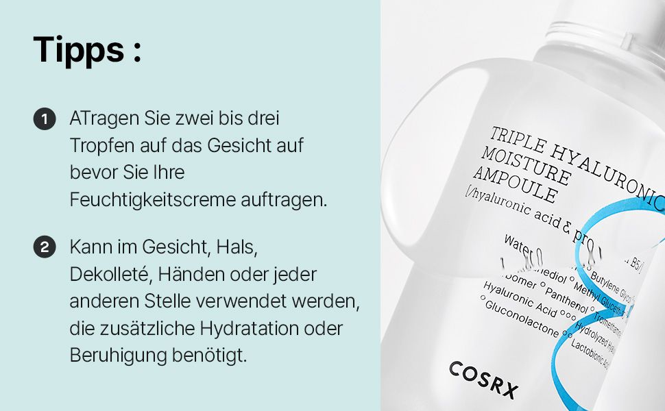 Flacone del prodotto con testo: TRIPLE HYALURONIC MOISTURE AMPOULE, COSRX. Scritta e dettagli blu. Testo con consigli d'uso.