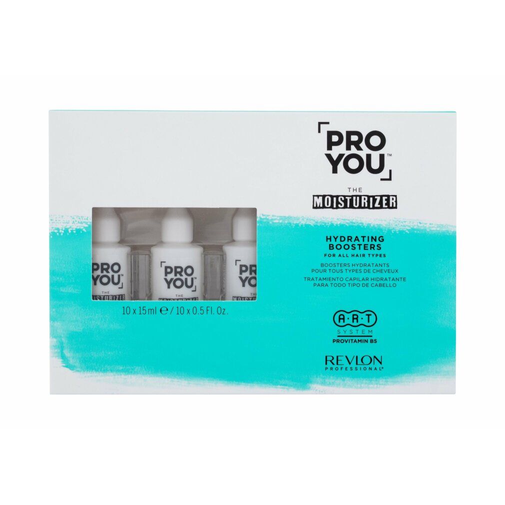 Confezione con tre flaconi. Scritta: PRO YOU, THE MOISTURIZER, HYDRATING BOOSTERS. Marchio: Revlon.