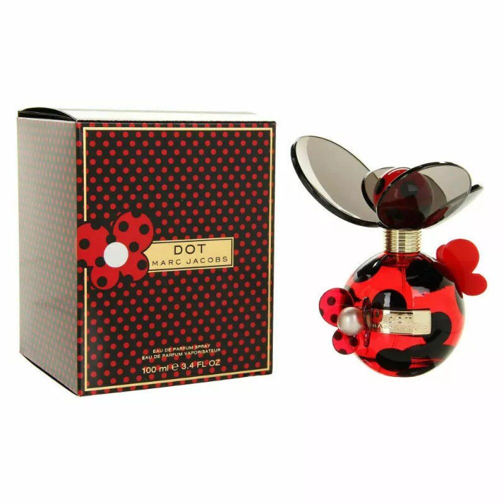 Marc Jacobs Dot Eau de Parfum Spray con scatola e flacone. Pois rossi e neri.