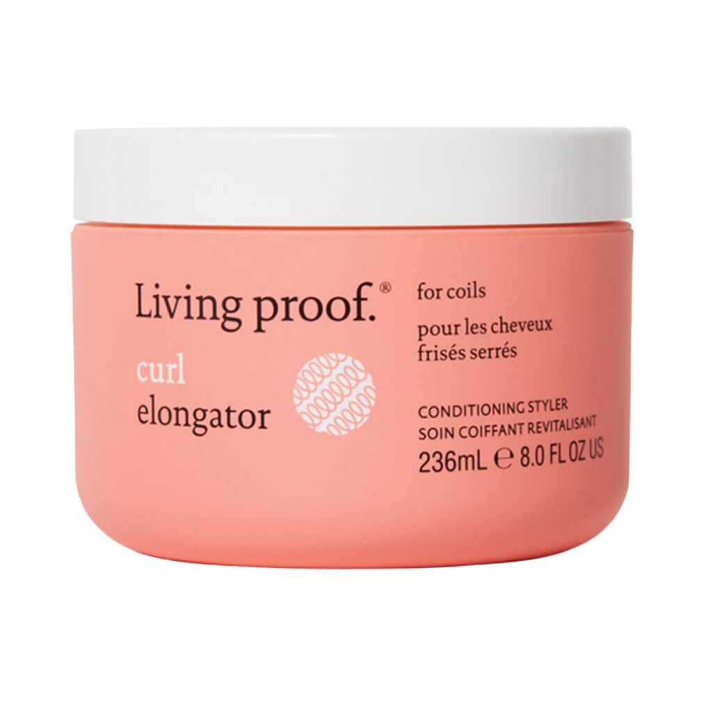 Vasetto rosa con coperchio bianco. Scritta: Living Proof, Curl Elongator. Testo: for coils, 236ml.