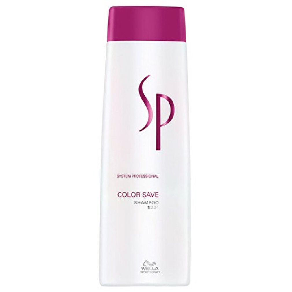 Flacone di shampoo bianco con tappo viola e logo SP. Testo: Color Save, Shampoo. Wella.