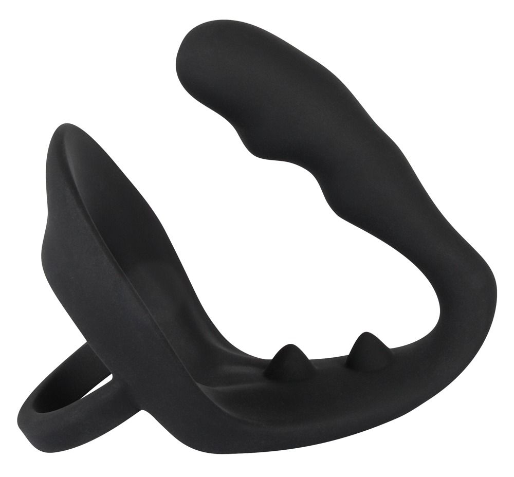 Anello penieno/testicolare nero con plug anale. Base ad anello, due elementi stimolanti e un plug anale.