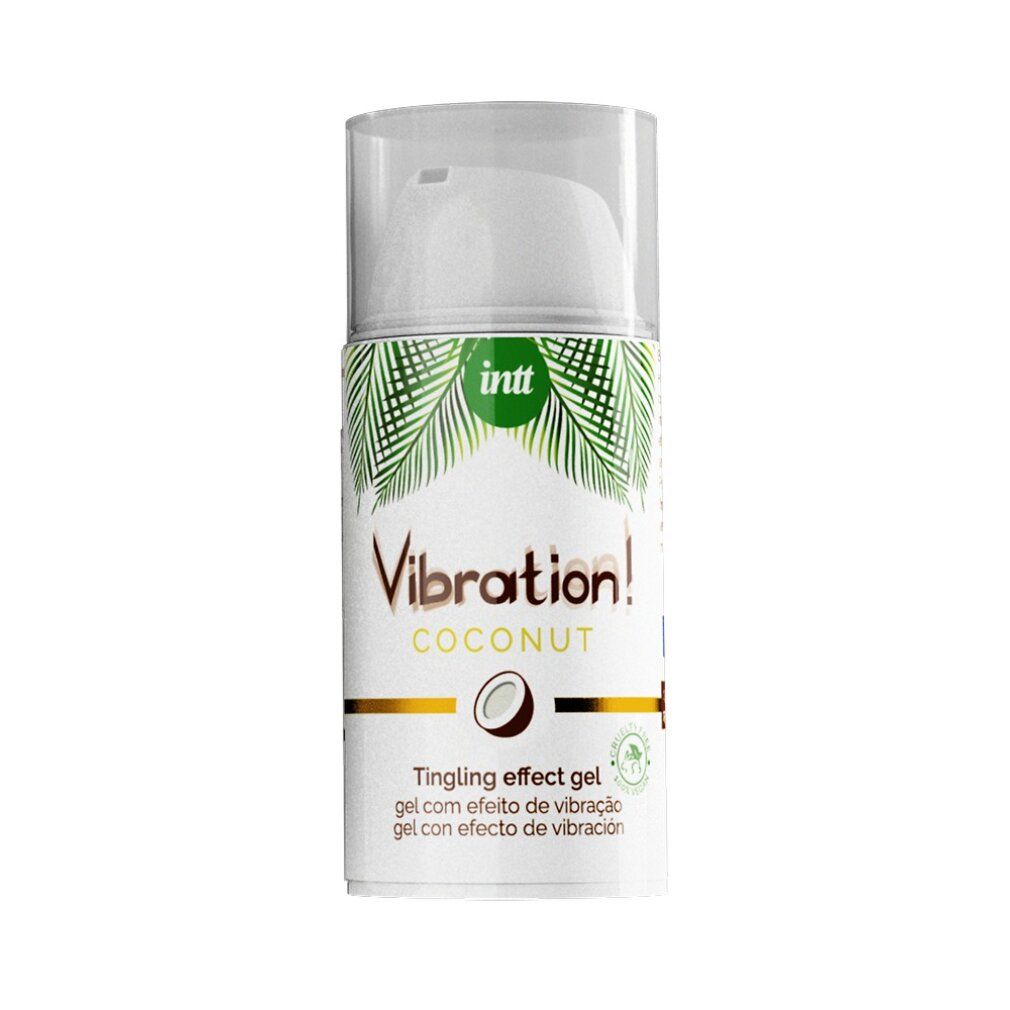 Dispenser bianco con logo verde e testo. Scritta: Vibration! Coconut. Nome prodotto: Tingling effect gel. Simbolo cocco. Cruelty free.