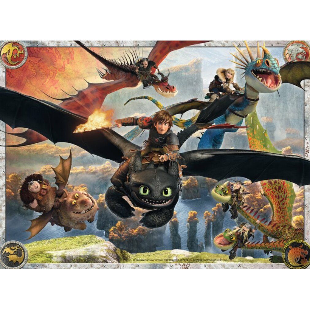 Puzzle con draghi. Vari draghi volano in aria. Marca: Ravensburger.