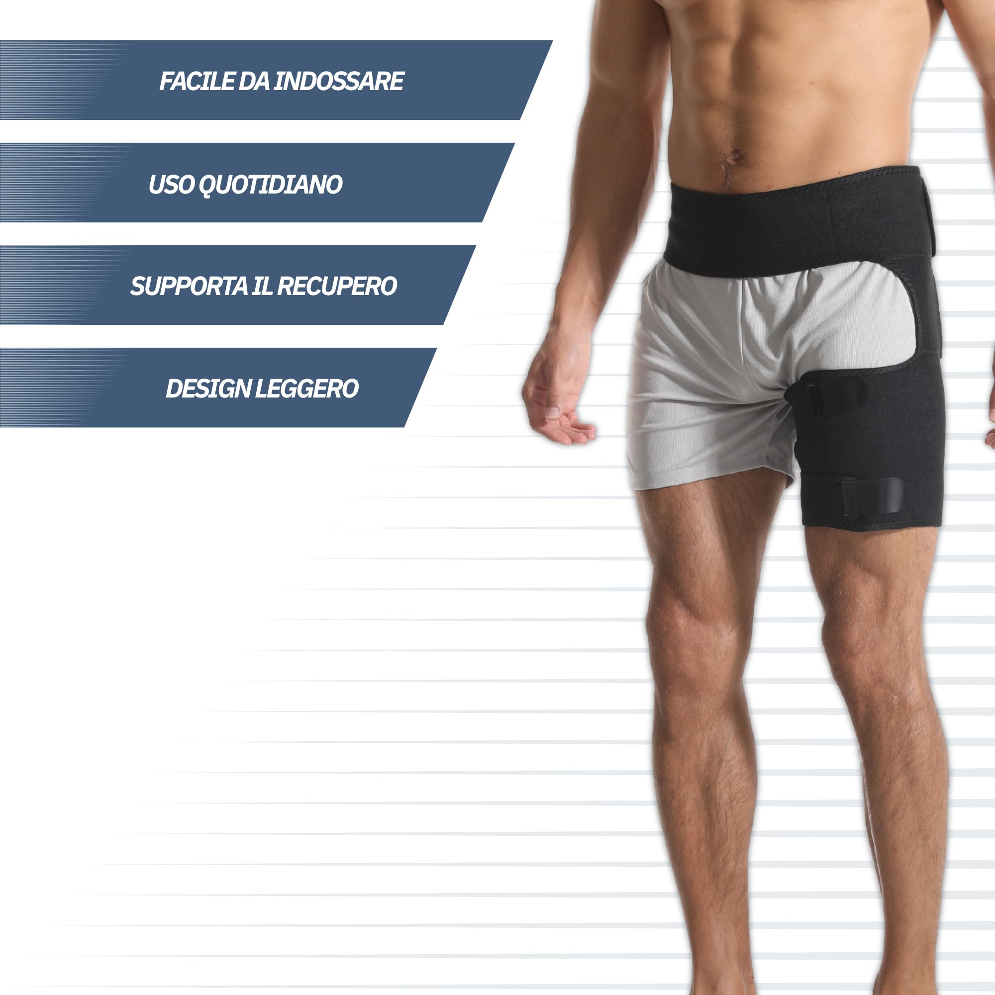 Bendaggio anca e coscia: velcro resistente, cuciture solide, tessuto traspirante con rete.