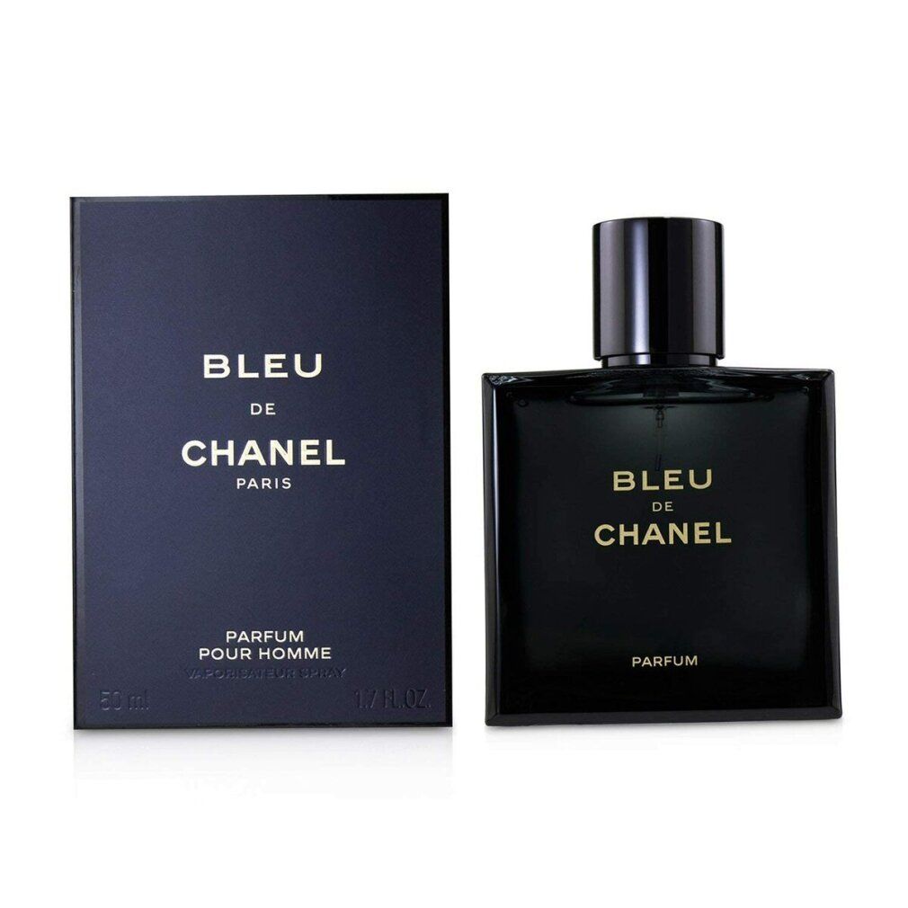 Flacone e scatola blu scuro. Scritta: BLEU DE CHANEL PARIS PARFUM POUR HOMME.