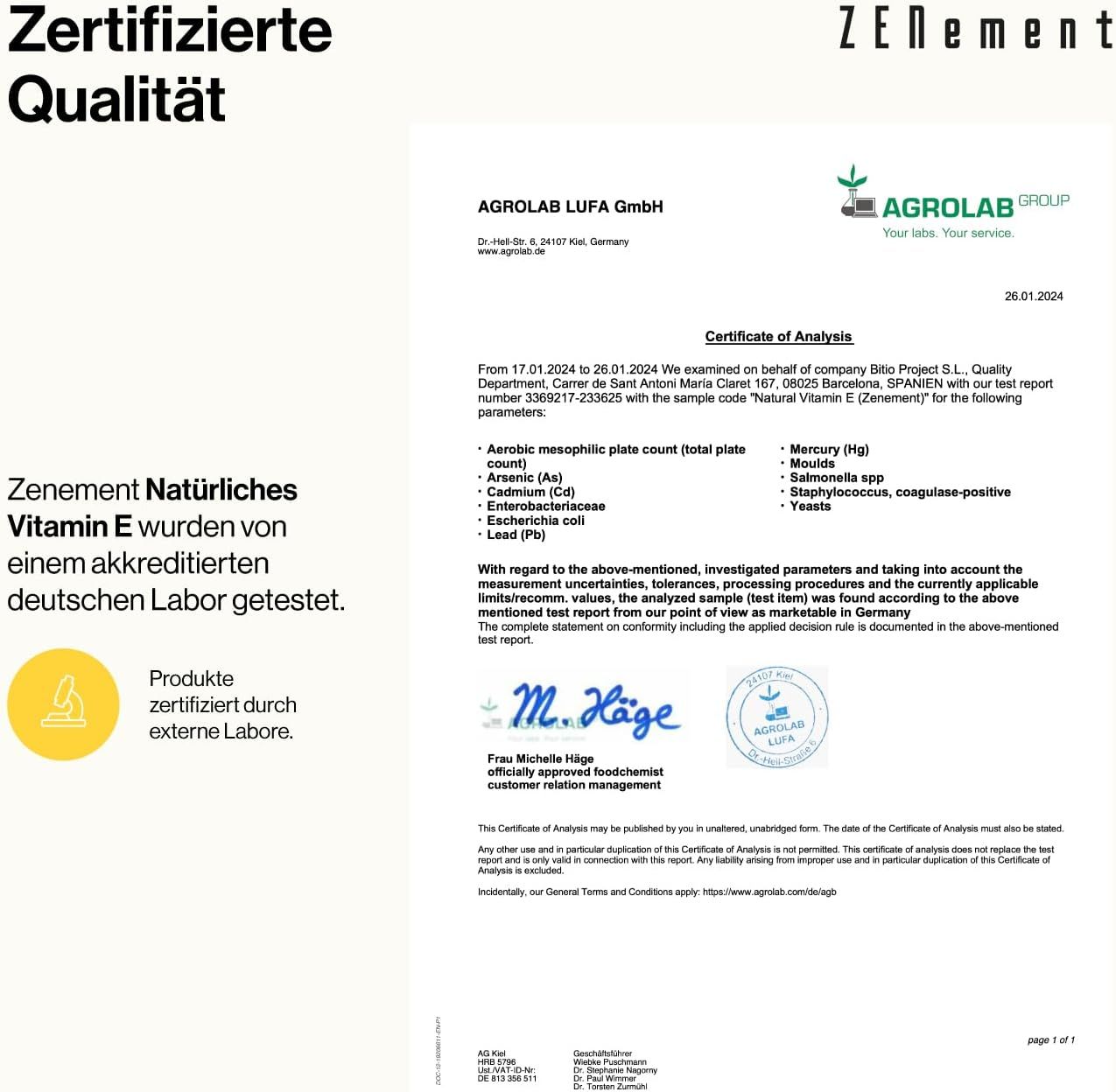 Documento di certificazione Agrolab. Testo: Zenement Natural Vitamin E. Prodotti certificati da laboratori esterni.