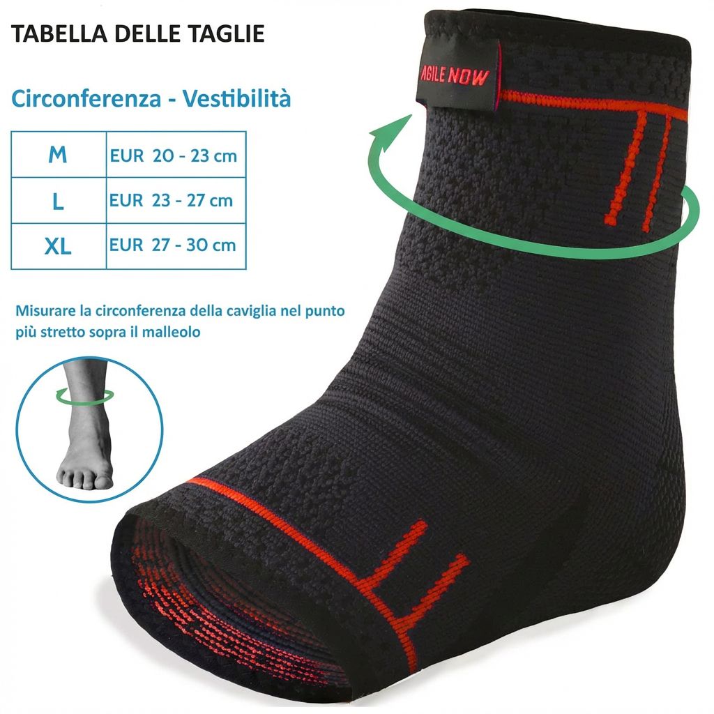 Primo piano della cavigliera nera con fodera rossa. Testo: AGILE NOW. Scritta: TRASPIRANTE.