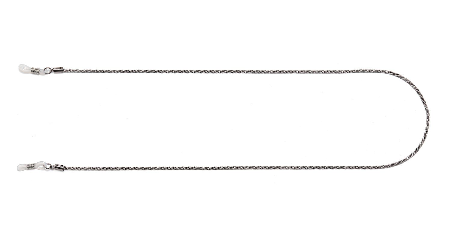 Catenina per occhiali argentata, a corda ritorta. Terminali in silicone trasparente.