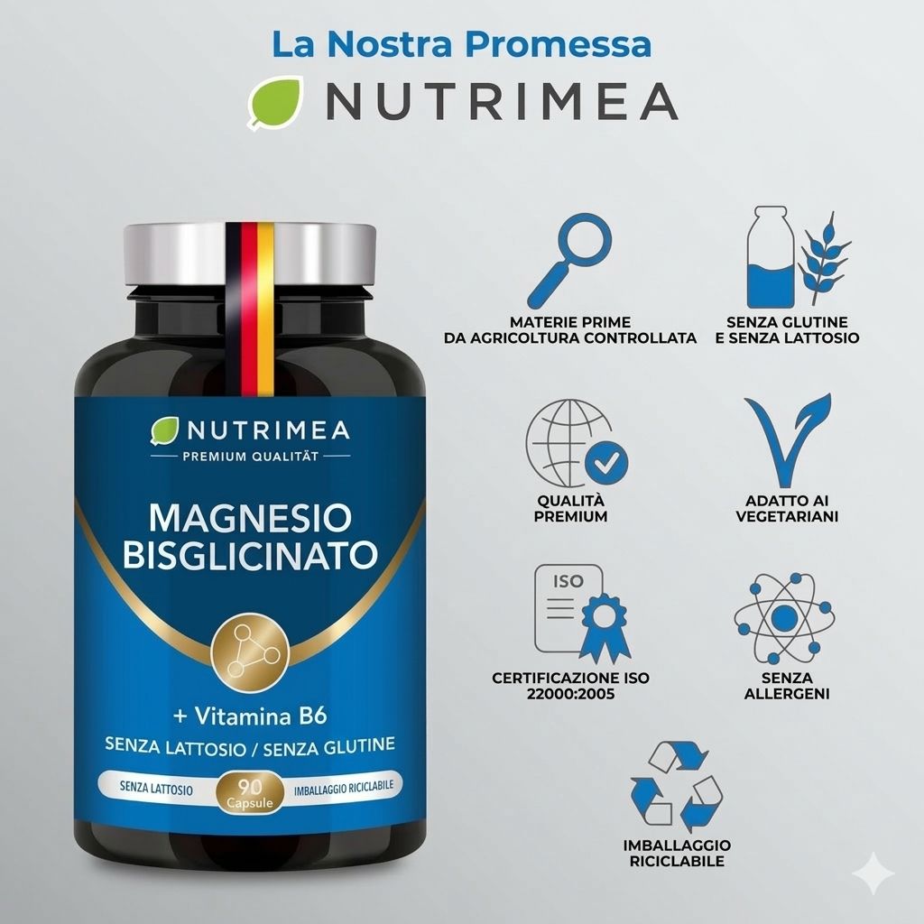 Flacone del prodotto con magnesio bisglicinato + vitamina B6. Contiene 90 capsule. Senza glutine, senza lattosio, confezione riciclabile.