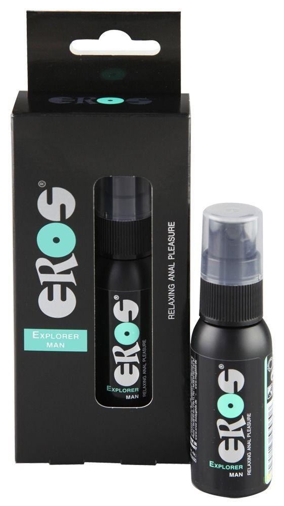 EROS Explorer Man Spray nella confezione e accanto. Flacone nero con erogatore spray.