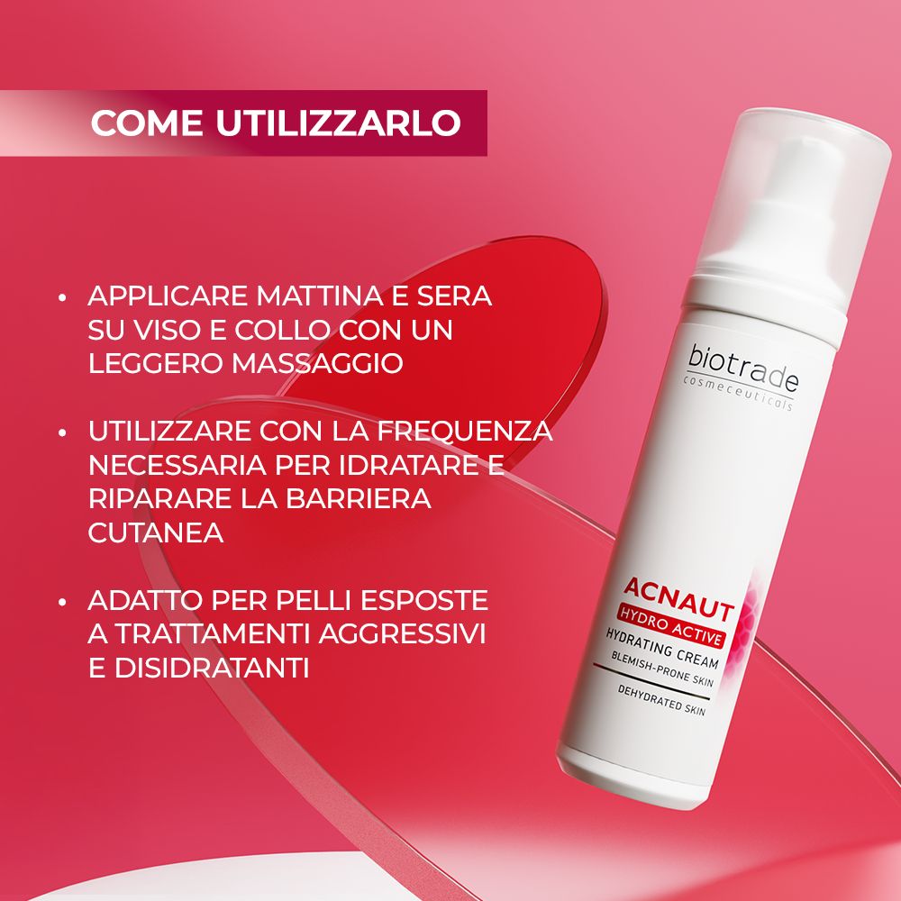 Flacone su sfondo rosa. Testo: Biotrade, Acnaut Hydro Active. Crema idratante. Per pelli disidratate.