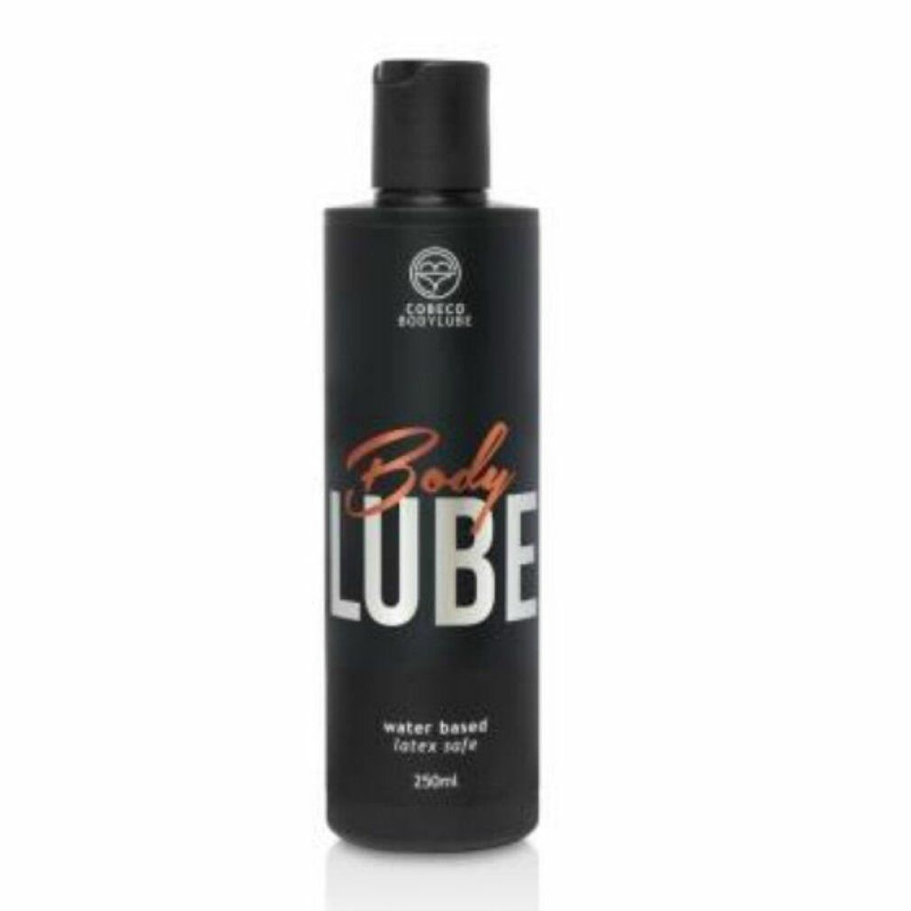 Flacone nero con tappo nero. Scritta "Body LUBE" in bianco e arancione. Testo: "water based latex safe".