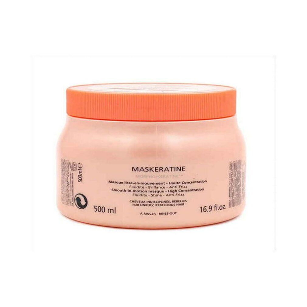 Barattolo rosa con coperchio. Scritta: MASKERATINE, 500 ml, 16.9 fl.oz. Testo: Masque lisse-en-mouvement, Anti-Frizz, per capelli ribelli.