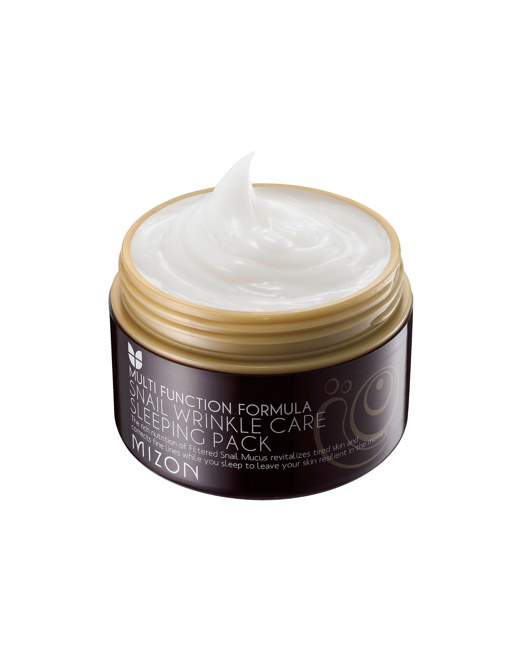 Barattolo aperto con crema bianca. Scritta: Multi Function Formula, Snail Wrinkle Care Sleeping Pack, Mizon.