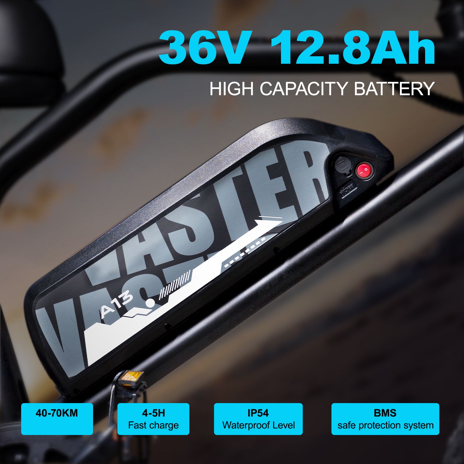 Batteria e-bike con scritta VASTER A13. 36V 12,8Ah. Caratteristiche: 40-70KM, ricarica rapida 4-5H, IP54, BMS.