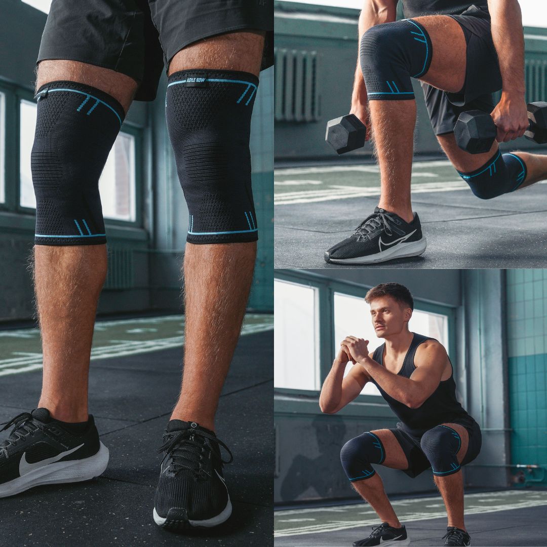 Tre uomini si allenano con le ginocchiere. Diversi esercizi in palestra.