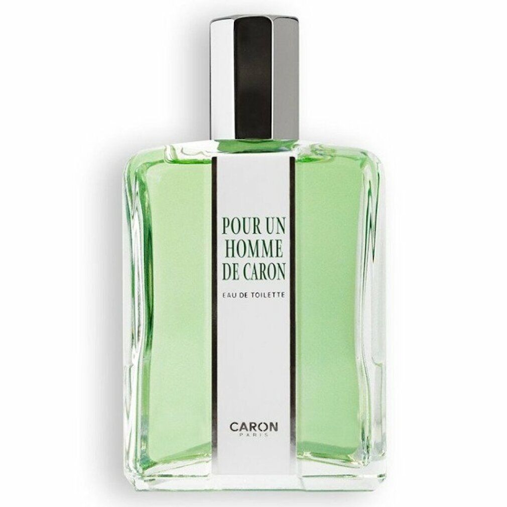 Bottiglia quadrata in vetro con spray Eau de Toilette verde. Tappo argentato. Etichetta bianca con testo. Marchio: Caron.