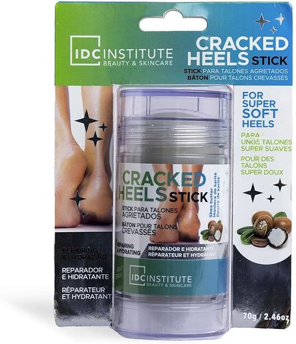 Stick per talloni screpolati in confezione. Scritta: Cracked Heels Stick. Marchio: IDC Institute. Con burro di karité. 70g/2.46oz.