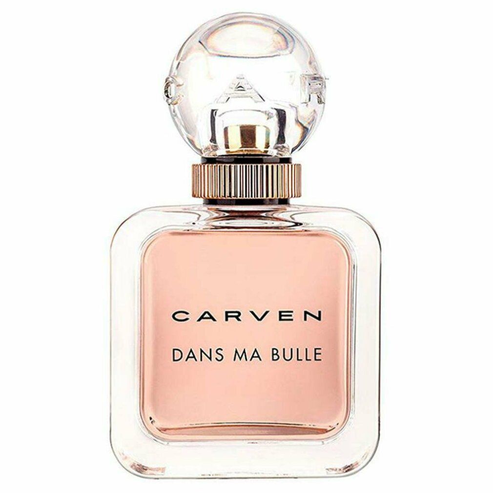 Flacone quadrato in vetro con contenuto rosa. Scritta: CARVEN DANS MA BULLE. Tappo trasparente.
