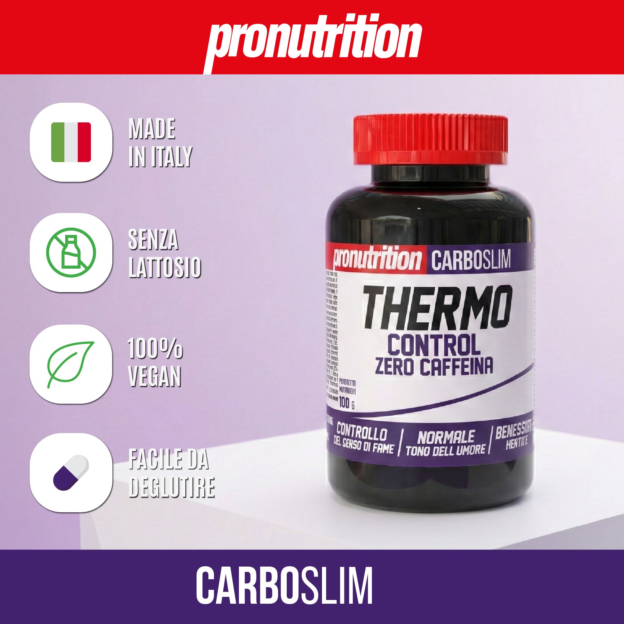 Flacone nero con tappo rosso. Scritta: Thermo Control Zero Caffeine. Con bandiera italiana e testo.