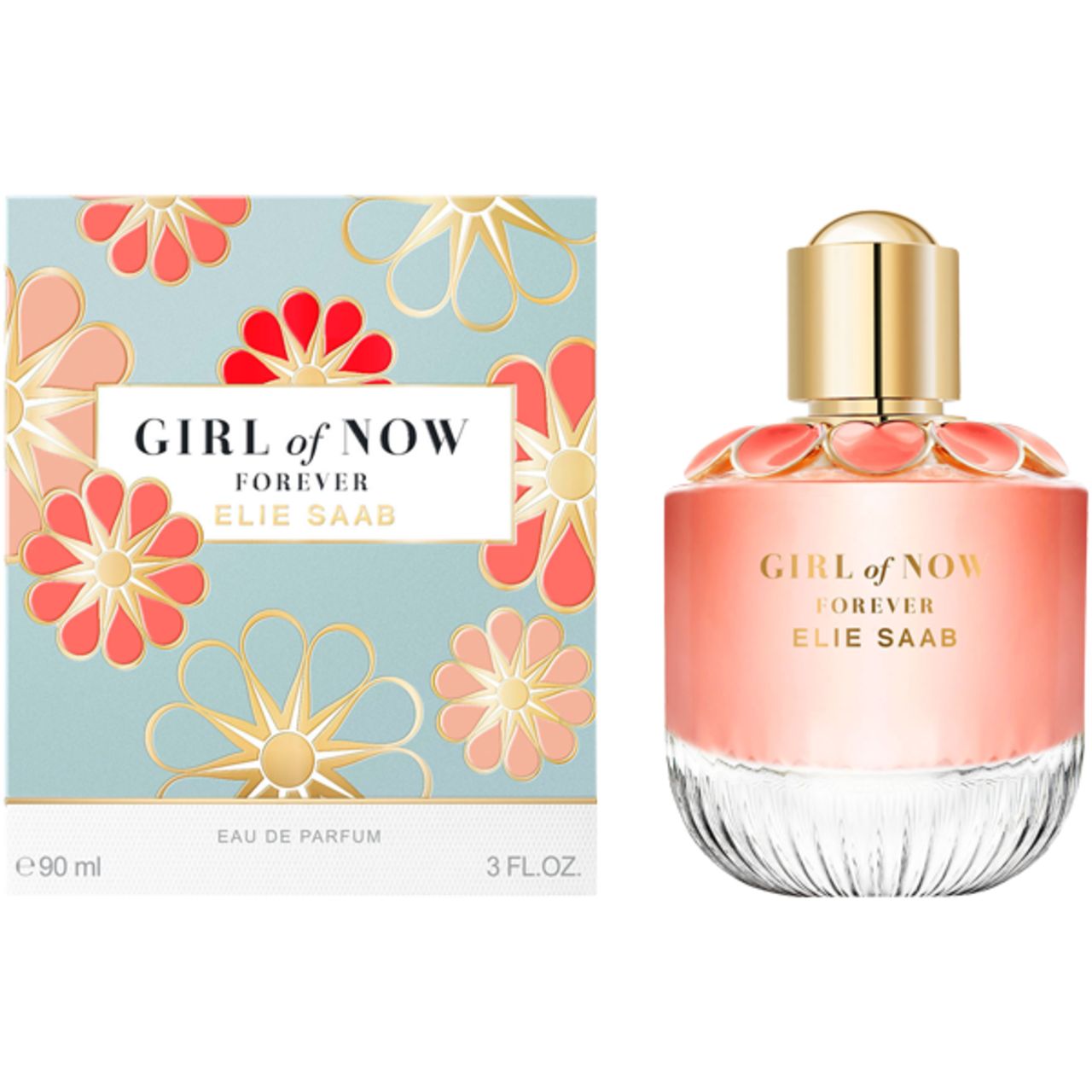 Prodotto e confezione affiancati. Flacone: liquido rosa, tappo dorato. Scatola: blu con fiori, testo.